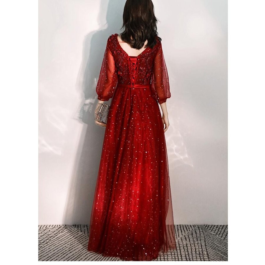 ロングドレス パーティードレス 結婚式 10代 20代 30代40代 袖ありワンピースドレス レディ