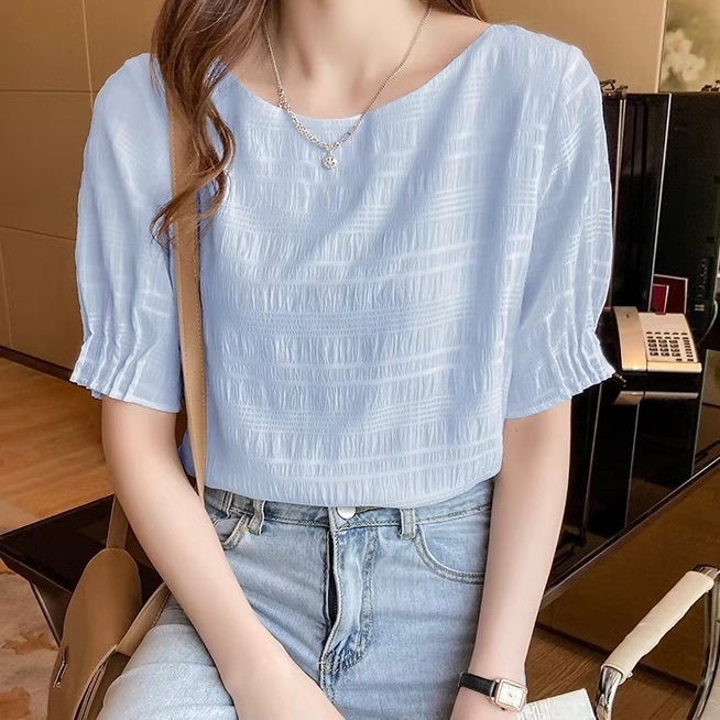 レディース トップス シャツ ブラウス プルオーバー 5分袖 ボリューム袖 パフスリーブ Uネック ラウンドネック シフォン 薄手 かわいい 大人可愛い きれいめ シンプル 上品 おしゃれ かっこいい