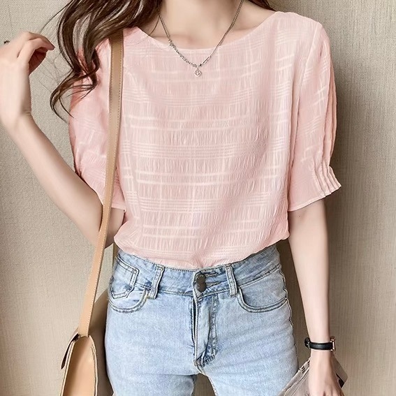 レディース トップス シャツ ブラウス プルオーバー 5分袖 ボリューム袖 パフスリーブ Uネック ラウンドネック シフォン 薄手 かわいい 大人可愛い きれいめ シンプル 上品 おしゃれ かっこいい