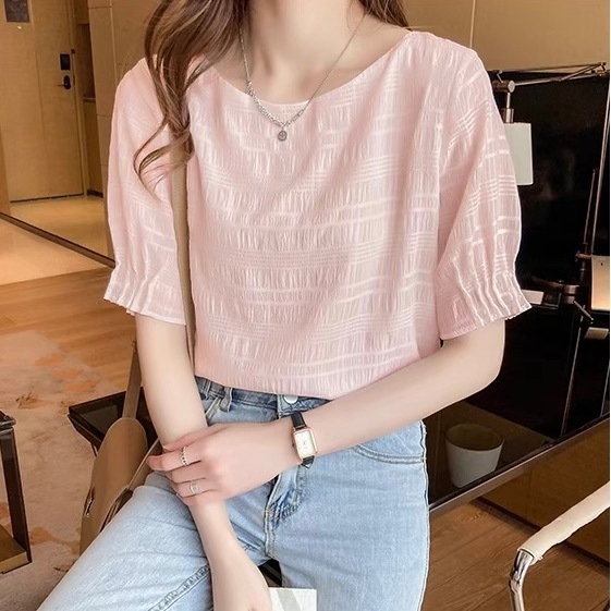 レディース トップス シャツ ブラウス プルオーバー 5分袖 ボリューム袖 パフスリーブ Uネック ラウンドネック シフォン 薄手 かわいい 大人可愛い きれいめ シンプル 上品 おしゃれ かっこいい