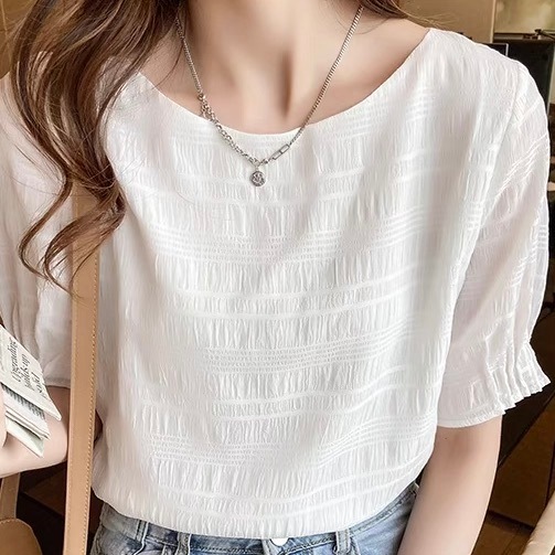 レディース トップス シャツ ブラウス プルオーバー 5分袖 ボリューム袖 パフスリーブ Uネック ラウンドネック シフォン 薄手 かわいい 大人可愛い きれいめ シンプル 上品 おしゃれ かっこいい