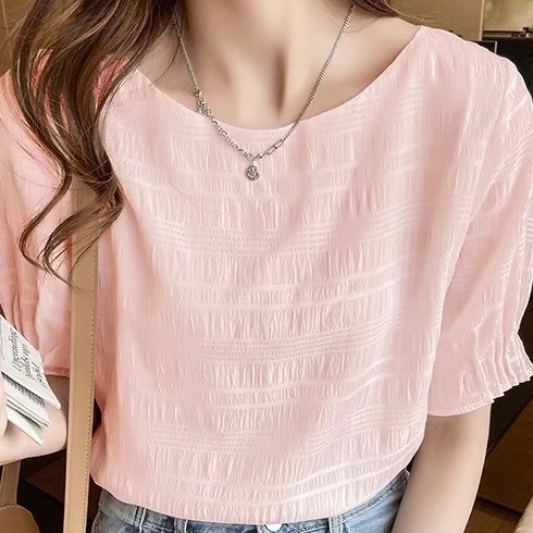 レディース トップス シャツ ブラウス プルオーバー 5分袖 ボリューム袖 パフスリーブ Uネック ラウンドネック シフォン 薄手 かわいい 大人可愛い きれいめ シンプル 上品 おしゃれ かっこいい