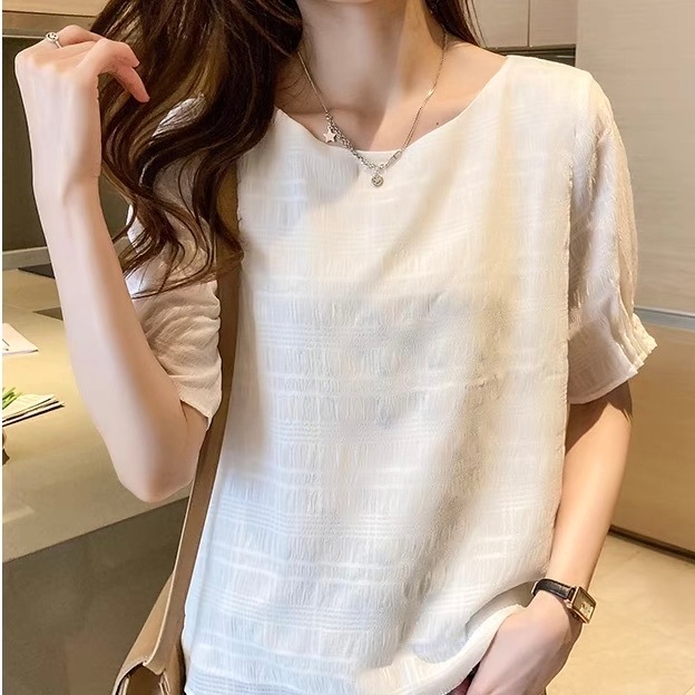 レディース トップス シャツ ブラウス プルオーバー 5分袖 ボリューム袖 パフスリーブ Uネック ラウンドネック シフォン 薄手 かわいい 大人可愛い きれいめ シンプル 上品 おしゃれ かっこいい