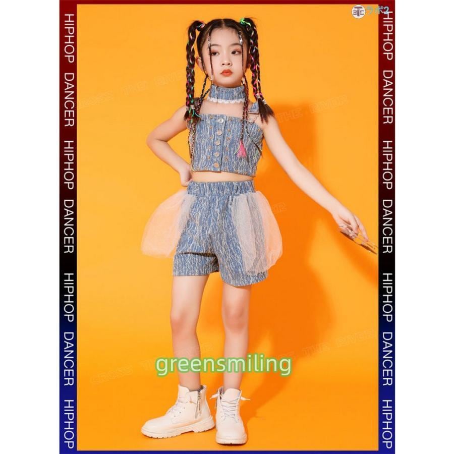 k-pop 衣装 キッズダンス衣装 セットアップ キッズ ダンス 衣装 デニム チアガール キッズ へそ出し トップス メッシュ ショートパンツ k-pop 衣装 韓国 アイド