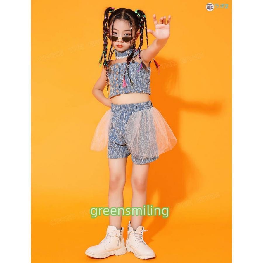 k-pop 衣装 キッズダンス衣装 セットアップ キッズ ダンス 衣装 デニム チアガール キッズ へそ出し トップス メッシュ ショートパンツ k-pop 衣装 韓国 アイド