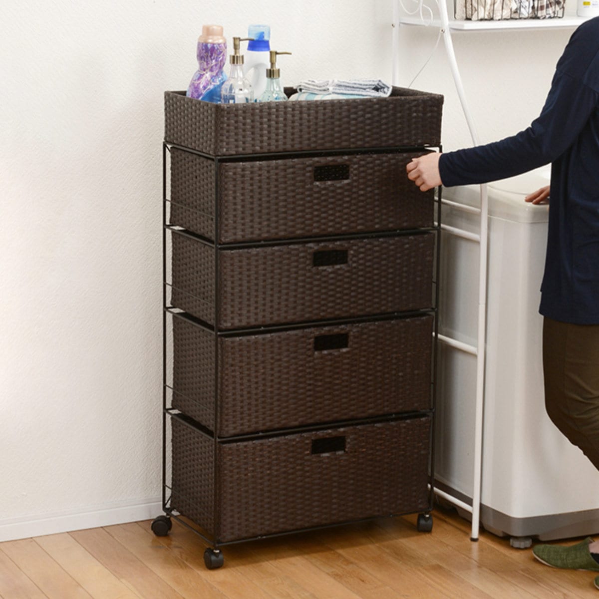 ランドリーチェスト 幅60.5cm 4段 引出し キャスター付 完成品 ラタン調 ランドリー チェスト ラック 防水 撥水 収納 かご ラタン風 洗濯 ランドリーラック ワゴン 収納ラック