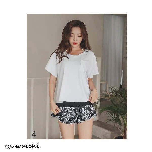 水着 レディース カバーアップ水着 体型カバー タンキニ 2点セット ラッシュガード 半袖 大きいサイズ セット水着 ママ水着 短パンつき 花柄 ボーダー柄