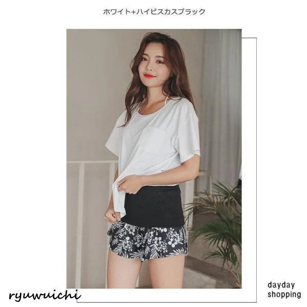 水着 レディース カバーアップ水着 体型カバー タンキニ 2点セット ラッシュガード 半袖 大きいサイズ セット水着 ママ水着 短パンつき 花柄 ボーダー柄