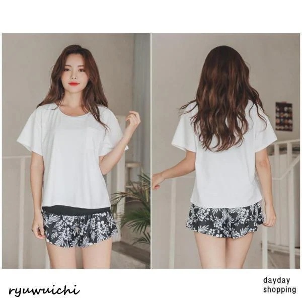 水着 レディース カバーアップ水着 体型カバー タンキニ 2点セット ラッシュガード 半袖 大きいサイズ セット水着 ママ水着 短パンつき 花柄 ボーダー柄