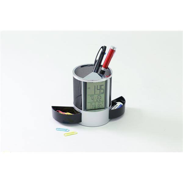 （まとめ）ペン立て時計（小物入れ付）[x3セット]