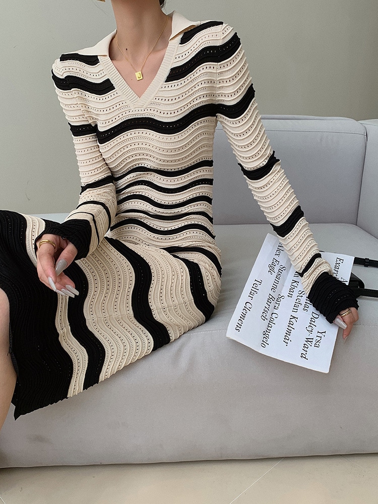 レディース ファッション 個性的なデザイン ストライプ ニット ドレス 女性 秋 ハイエンド センス ウエスト 長袖 ボトムス スカート ＳＭＬXL かわいい 大人可愛い きれいめ シンプル