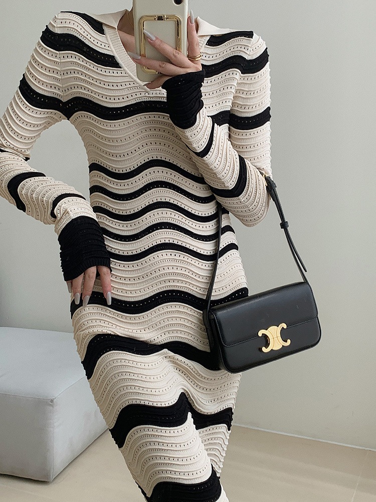 レディース ファッション 個性的なデザイン ストライプ ニット ドレス 女性 秋 ハイエンド センス ウエスト 長袖 ボトムス スカート ＳＭＬXL かわいい 大人可愛い きれいめ シンプル