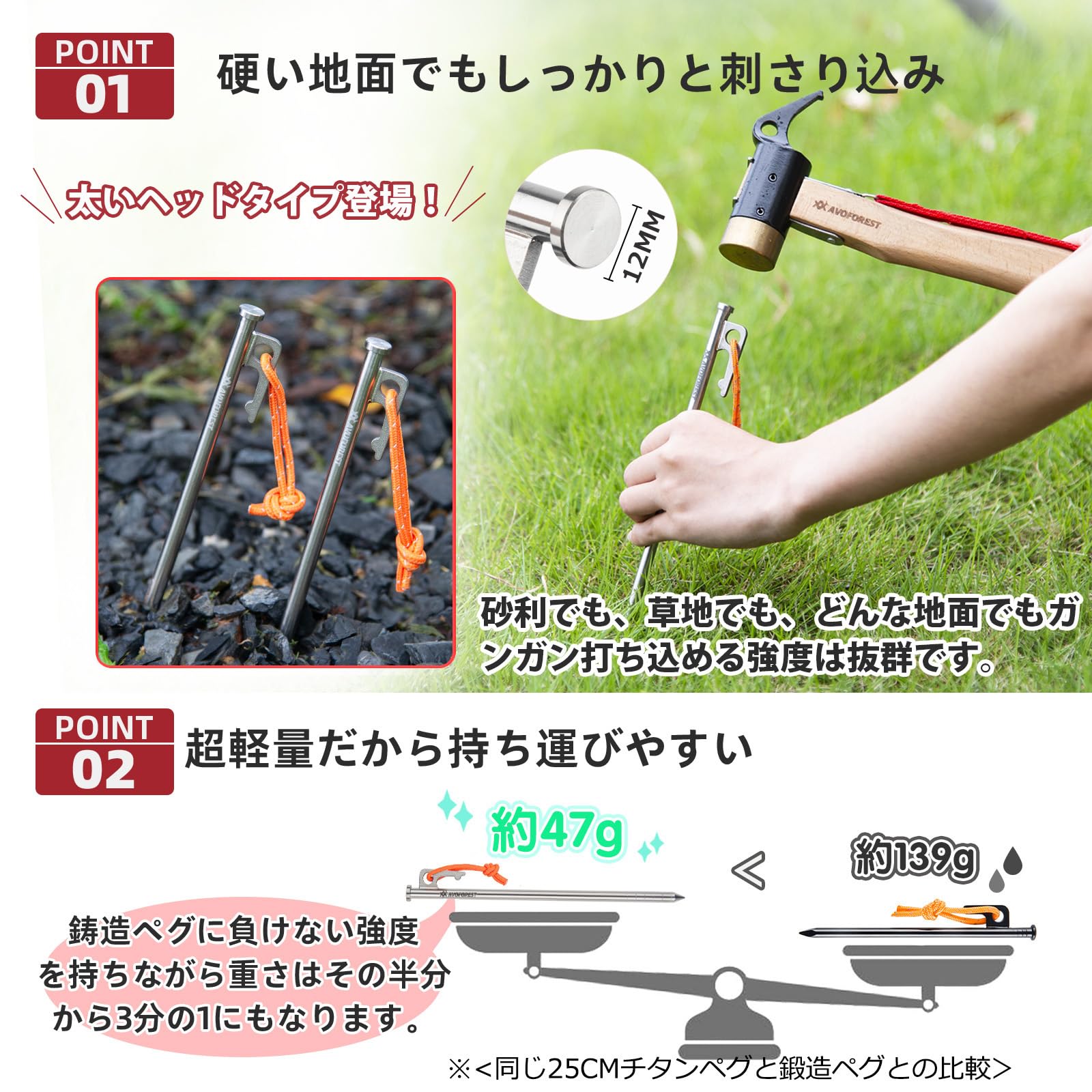 ペグ チタン製 AVOFOREST チタンペグ 太いヘッド 20cm 25cm 30cm 2本/6本/8本/16本 軽量 高強度 反射材入りロープ付き耐食性 キャンプ テント/タープ設営用 山地 砂利