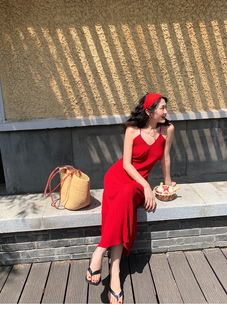 レディース ロング ウエスト Vネック サスペンダー ドレス 女性 夏 フレンチ レトロ ロングスカート スカート ブラック レッド ブラウン S M L かわいい 大人可愛い きれいめ シンプル