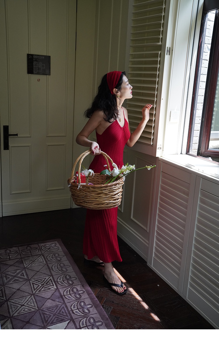 レディース ロング ウエスト Vネック サスペンダー ドレス 女性 夏 フレンチ レトロ ロングスカート スカート ブラック レッド ブラウン S M L かわいい 大人可愛い きれいめ シンプル