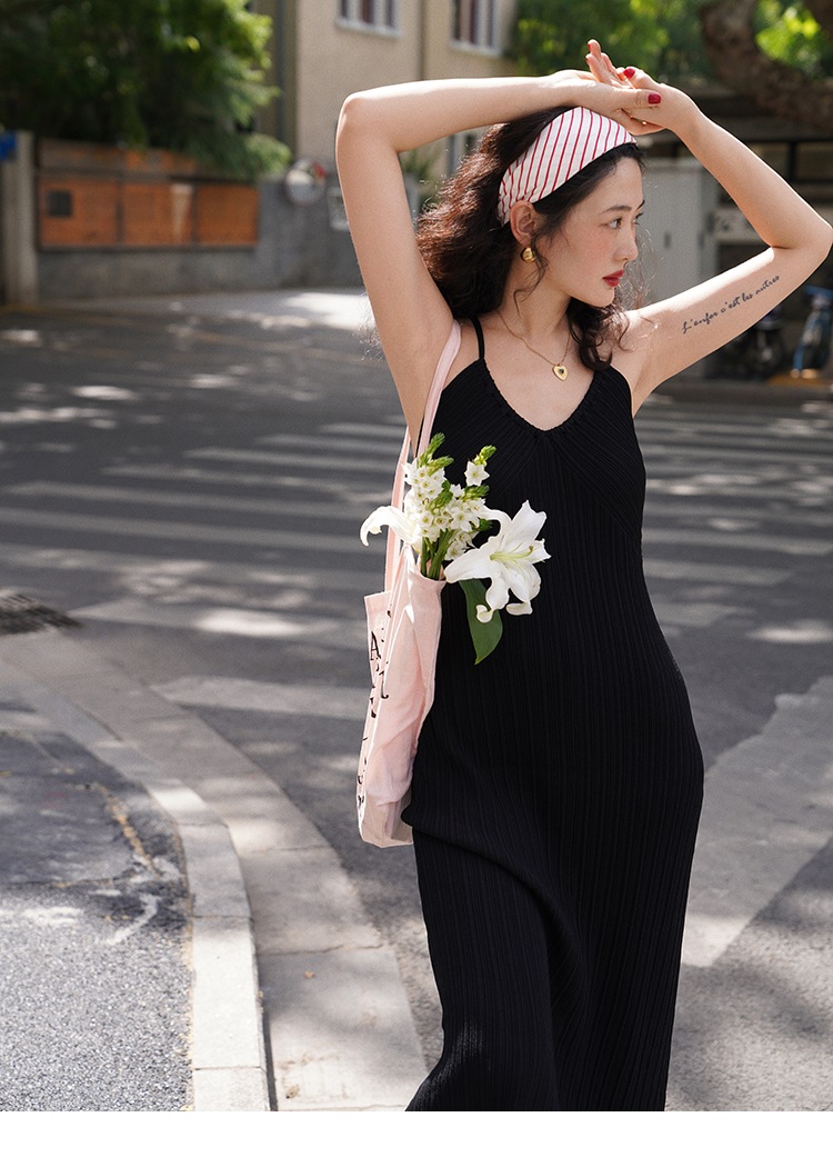 レディース ロング ウエスト Vネック サスペンダー ドレス 女性 夏 フレンチ レトロ ロングスカート スカート ブラック レッド ブラウン S M L かわいい 大人可愛い きれいめ シンプル