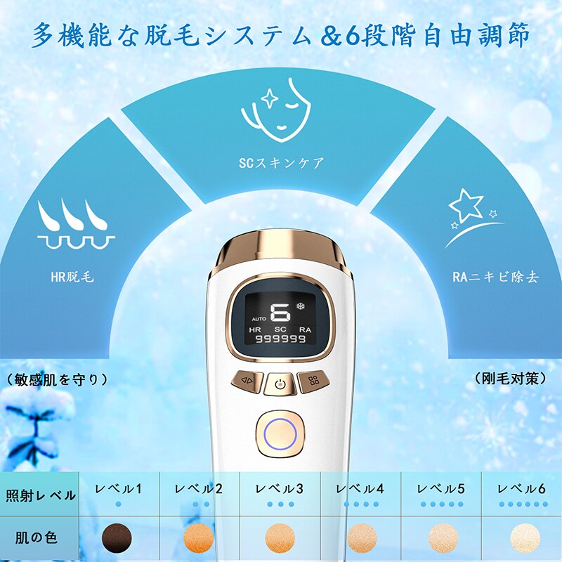 (自社製品)冷感脱毛器 脱毛器 6段階照射 サロン級 無痛脱毛 99万発照射自動手動照射 IPL脱毛器