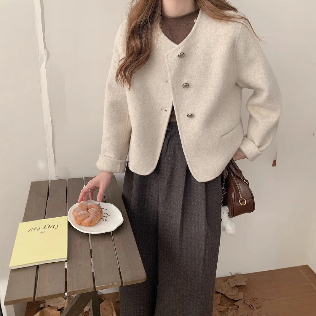 秋冬新作 丸首 レディース アウター カシミア 両面ウールコート 柔らか 両面 ショート丈 高級 シンプル_2