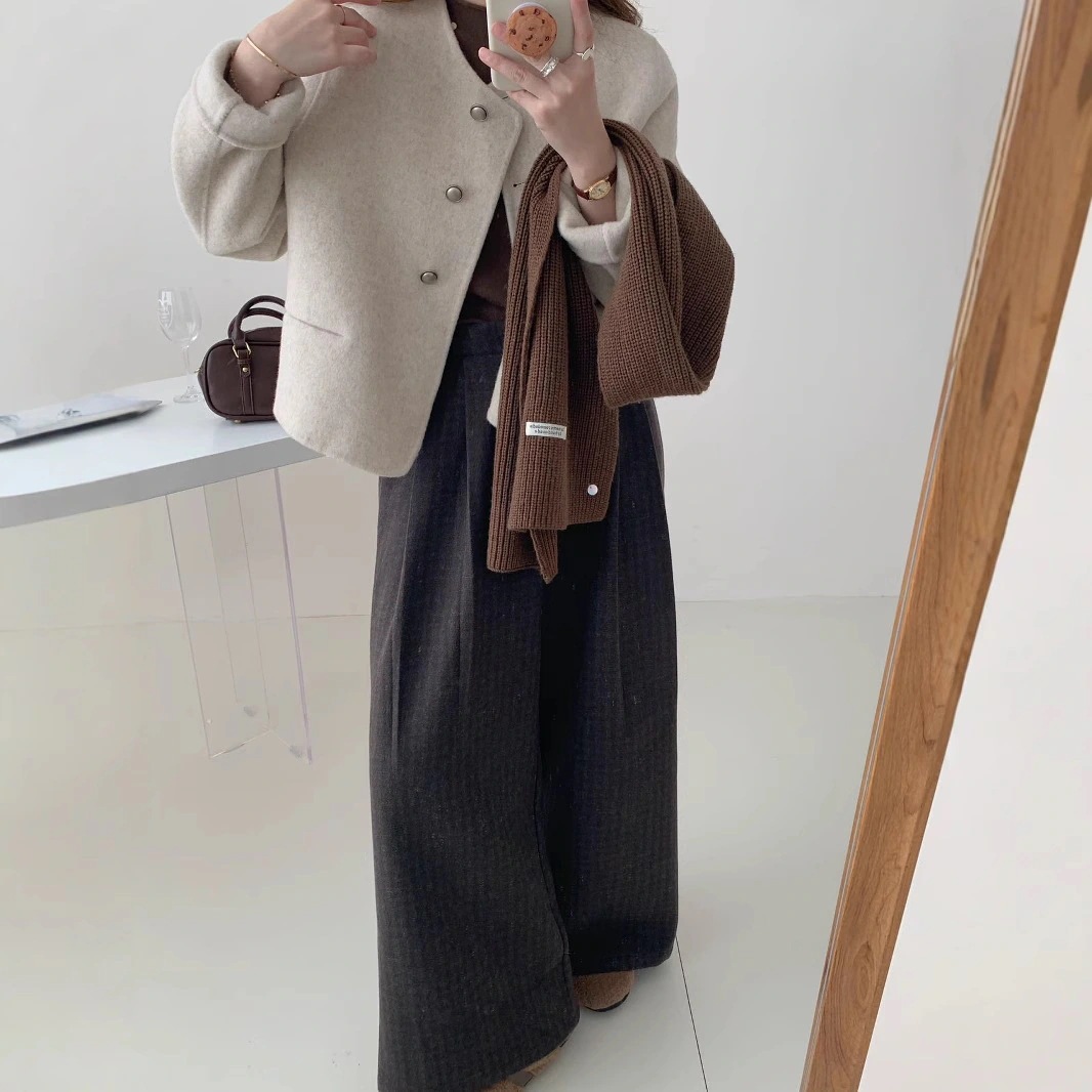 秋冬新作 丸首 レディース アウター カシミア 両面ウールコート 柔らか 両面 ショート丈 高級 シンプル_3