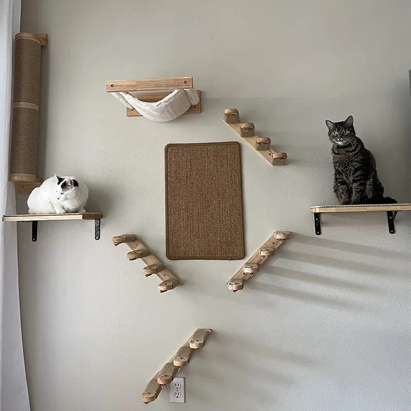 猫の壁に取り付けられたクライミングツリー 木製の棚 ハンモック付きはしご 猫の家 子猫の寝袋