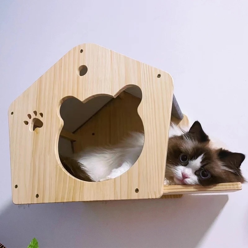 猫の壁に取り付けられたクライミングツリー 木製の棚 ハンモック付きはしご 猫の家 子猫の寝袋