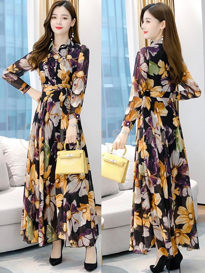 ワンピース レディース 春 秋 ロング きれいめ Aライン 花柄 裏地あり BN227 BLK( ブラック, XL) ワンピース レディース 春 秋 ロング きれいめ Aライン 花柄 裏地あり BN227 BLK( ブラック, XL)