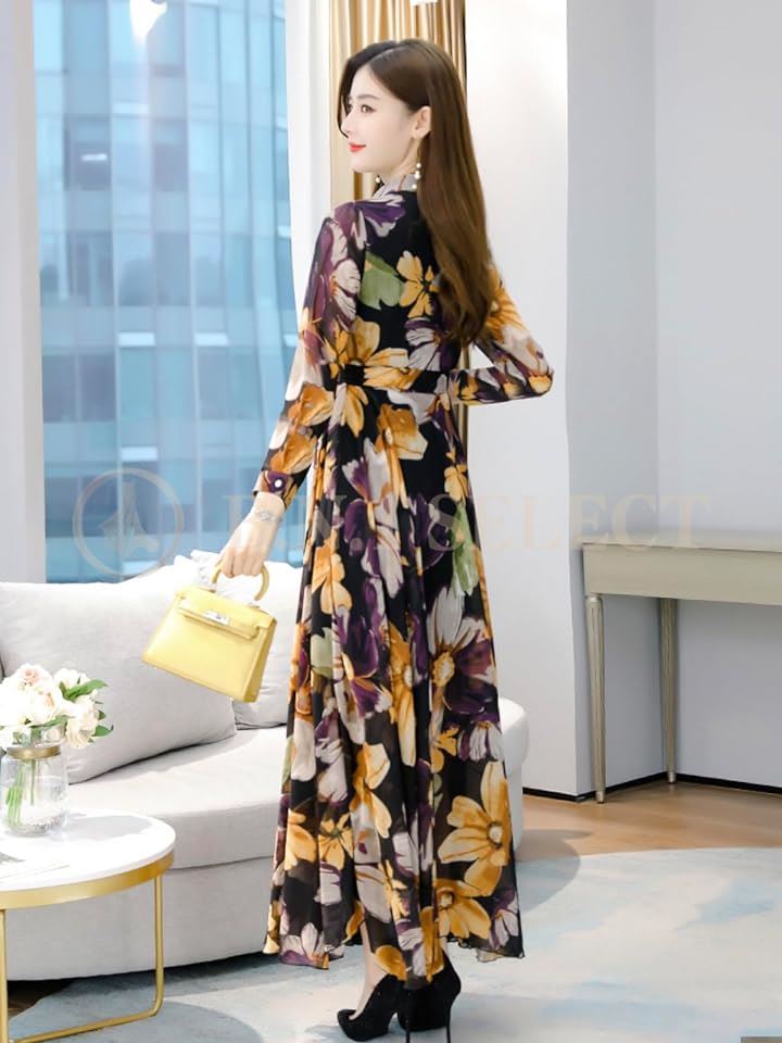 ワンピース レディース 春 秋 ロング きれいめ Aライン 花柄 裏地あり BN227 BLK( ブラック, XL) ワンピース レディース 春 秋 ロング きれいめ Aライン 花柄 裏地あり BN227 BLK( ブラック, XL)