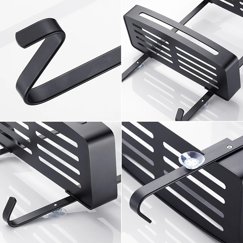 バスルーム用の黒い収納棚,フック付きのオーガナイザーホルダー,ネイルフリーベース,5018 Black Double layer バスルーム用の黒い収納棚,フック付きのオーガナイザーホルダー,ネイルフリーベース,5018 Black Double layer