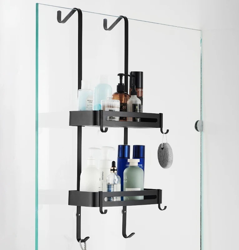 バスルーム用の黒い収納棚,フック付きのオーガナイザーホルダー,ネイルフリーベース,5018 Black Double layer バスルーム用の黒い収納棚,フック付きのオーガナイザーホルダー,ネイルフリーベース,5018 Black Double layer