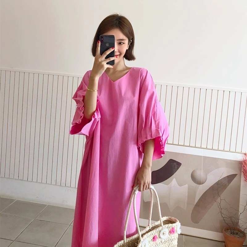 ワンピース ロングワンピース 5分袖 ボリューム袖 Vネック サイドスリット ロング丈 かわいい 大人可愛い きれいめ シンプル 上品 おしゃれ ラフ ルーズ 大人女子 こなれ感 個性的 主役級