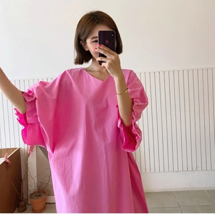 ワンピース ロングワンピース 5分袖 ボリューム袖 Vネック サイドスリット ロング丈 かわいい 大人可愛い きれいめ シンプル 上品 おしゃれ ラフ ルーズ 大人女子 こなれ感 個性的 主役級