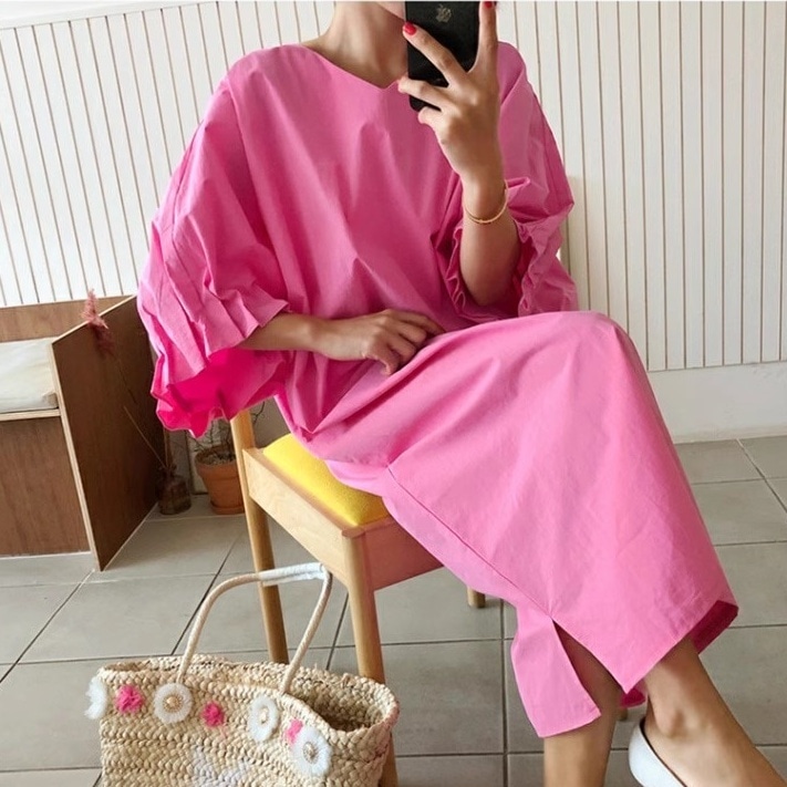 ワンピース ロングワンピース 5分袖 ボリューム袖 Vネック サイドスリット ロング丈 かわいい 大人可愛い きれいめ シンプル 上品 おしゃれ ラフ ルーズ 大人女子 こなれ感 個性的 主役級