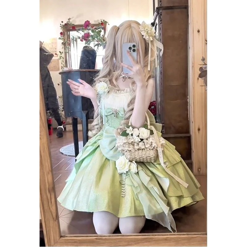 グリーンローズjskプリンセスドレスリトルフラワーウェディングロリータスカートバースデーかわいい甘いロリータ2025ワンピースドレスドレス