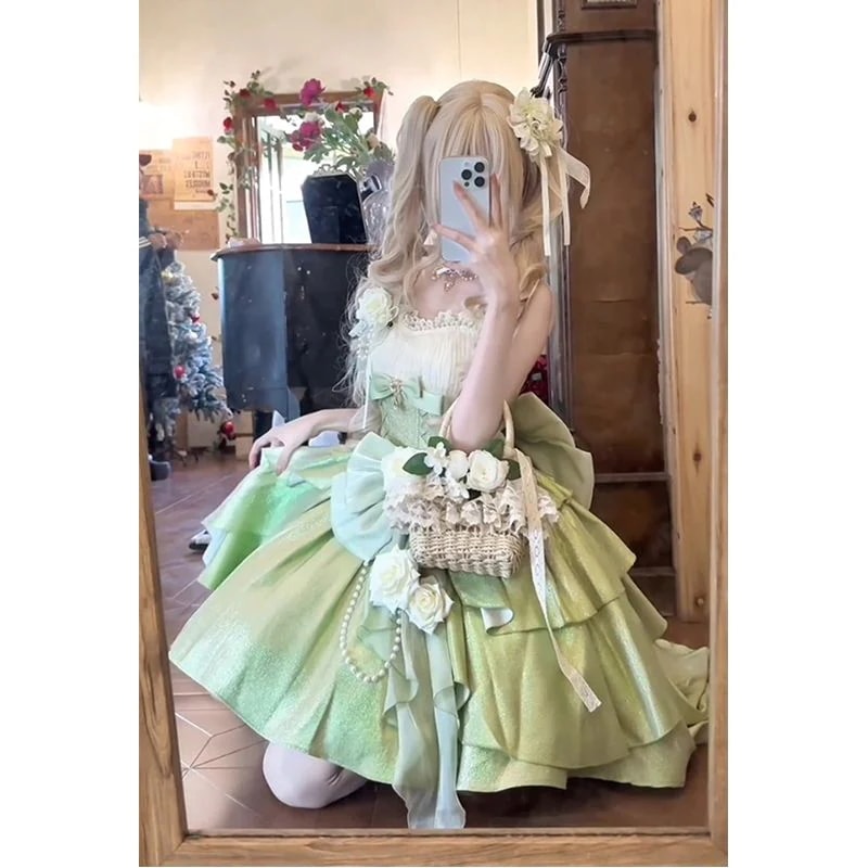 グリーンローズjskプリンセスドレスリトルフラワーウェディングロリータスカートバースデーかわいい甘いロリータ2025ワンピースドレスドレス
