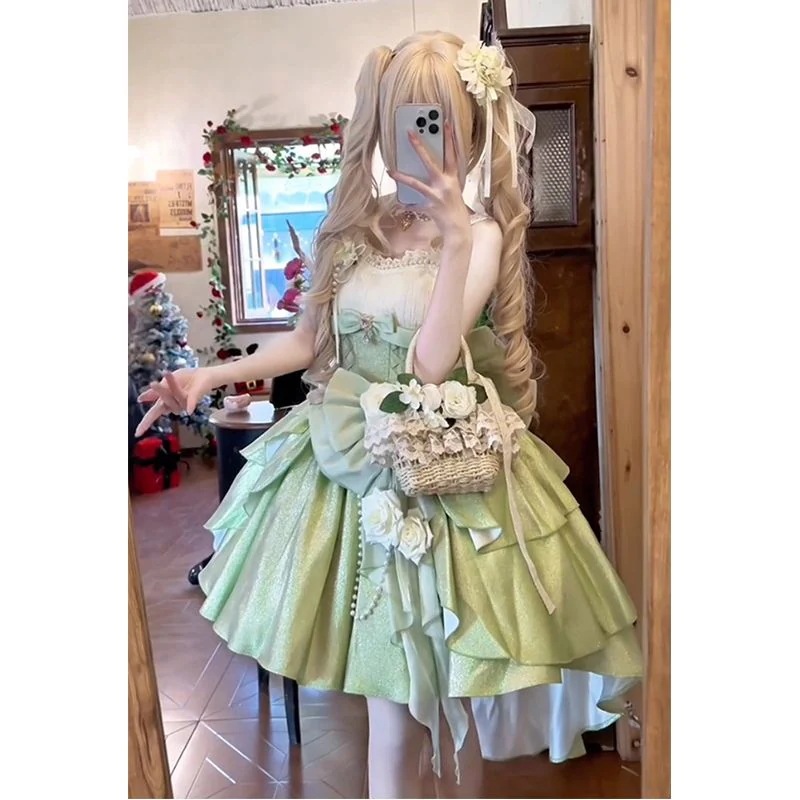 グリーンローズjskプリンセスドレスリトルフラワーウェディングロリータスカートバースデーかわいい甘いロリータ2025ワンピースドレスドレス