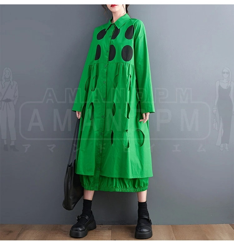 【急速出荷 2025年新作】2024新品 シャツワンピース レディース ロング丈 ワンピース 水玉 ドット マキシワンピース 春 夏 秋 ドッキングワンピ 薄手 無地 長袖 切り替えワンピース 大きい