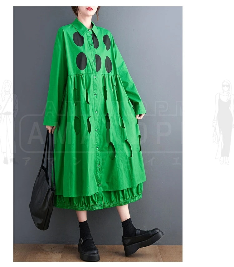 【急速出荷 2025年新作】2024新品 シャツワンピース レディース ロング丈 ワンピース 水玉 ドット マキシワンピース 春 夏 秋 ドッキングワンピ 薄手 無地 長袖 切り替えワンピース 大きい