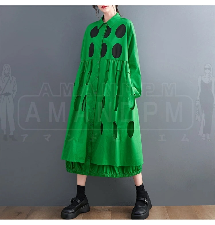 【急速出荷 2025年新作】2024新品 シャツワンピース レディース ロング丈 ワンピース 水玉 ドット マキシワンピース 春 夏 秋 ドッキングワンピ 薄手 無地 長袖 切り替えワンピース 大きい