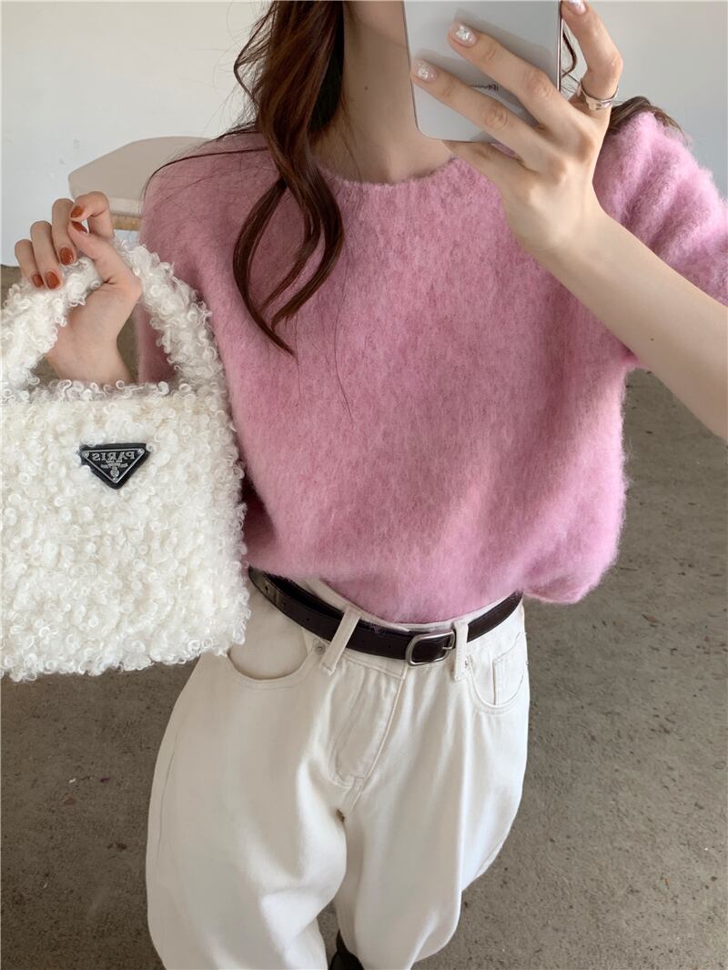 ふわふわ トップス プルオーバー レディース 半袖 ラウンドネック リブ かわいい 大人可愛い きれいめ シンプル 上品 おしゃれ レトロ こなれ感 ラフ マニッシュ ガーリー ルーズ モダン 存在感