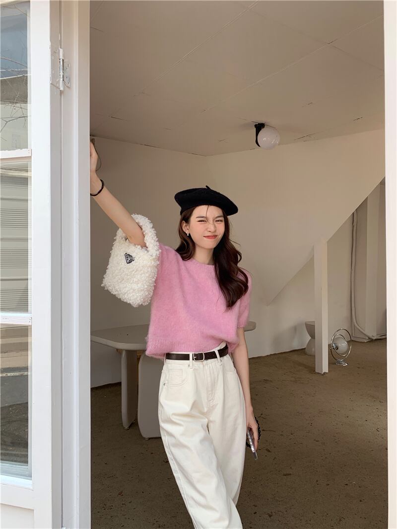 ふわふわ トップス プルオーバー レディース 半袖 ラウンドネック リブ かわいい 大人可愛い きれいめ シンプル 上品 おしゃれ レトロ こなれ感 ラフ マニッシュ ガーリー ルーズ モダン 存在感