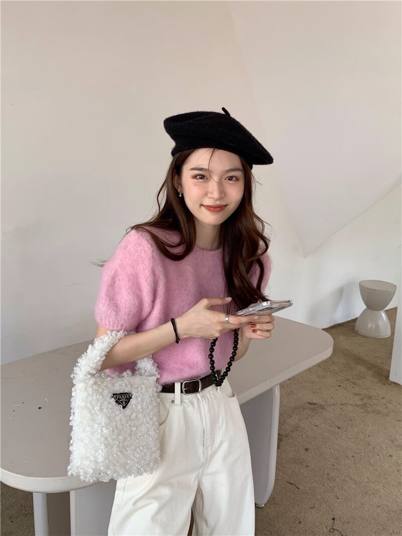 ふわふわ トップス プルオーバー レディース 半袖 ラウンドネック リブ かわいい 大人可愛い きれいめ シンプル 上品 おしゃれ レトロ こなれ感 ラフ マニッシュ ガーリー ルーズ モダン 存在感