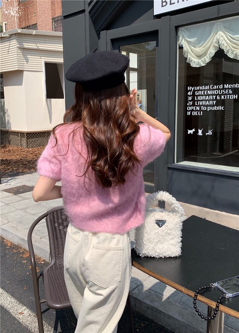 ふわふわ トップス プルオーバー レディース 半袖 ラウンドネック リブ かわいい 大人可愛い きれいめ シンプル 上品 おしゃれ レトロ こなれ感 ラフ マニッシュ ガーリー ルーズ モダン 存在感