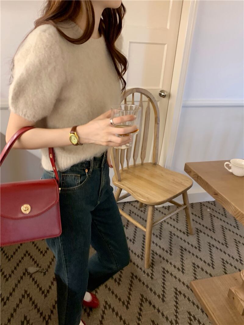 ふわふわ トップス プルオーバー レディース 半袖 ラウンドネック リブ かわいい 大人可愛い きれいめ シンプル 上品 おしゃれ レトロ こなれ感 ラフ マニッシュ ガーリー ルーズ モダン 存在感