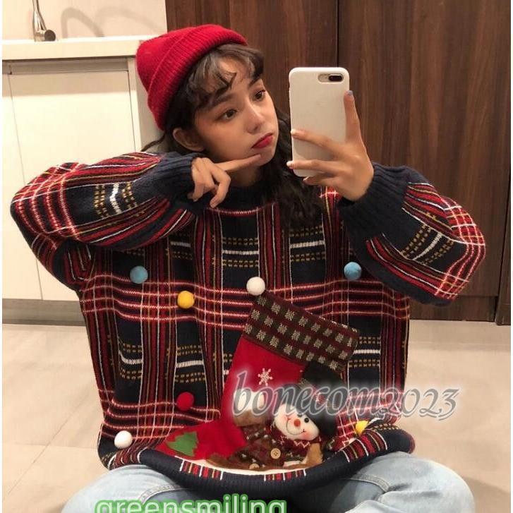 クリスマス風ニット　チェック　ペアルック カップル セーター　秋冬 ニットセーターお揃い 服 おそろい  ペア 部屋着 プルオーバー　ニットセーター スウェット クリスマス風ニット チェック ペアルック カップル セーター