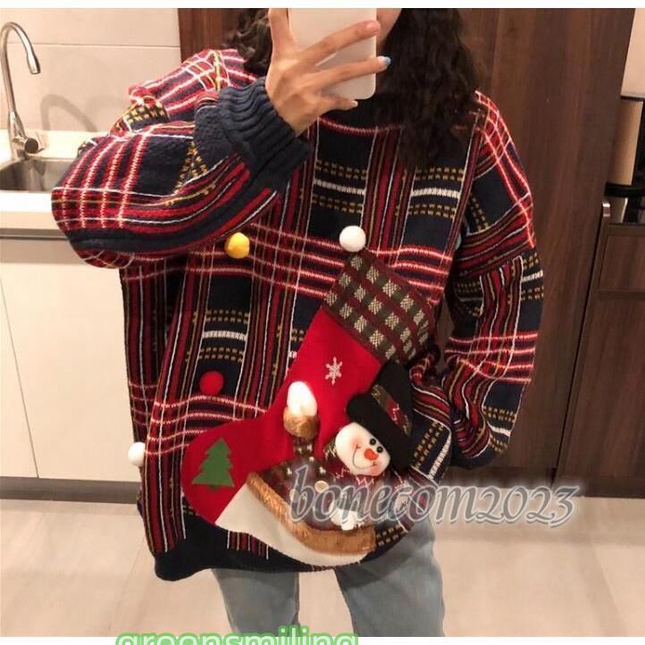 クリスマス風ニット チェック ペアルック カップル セーター