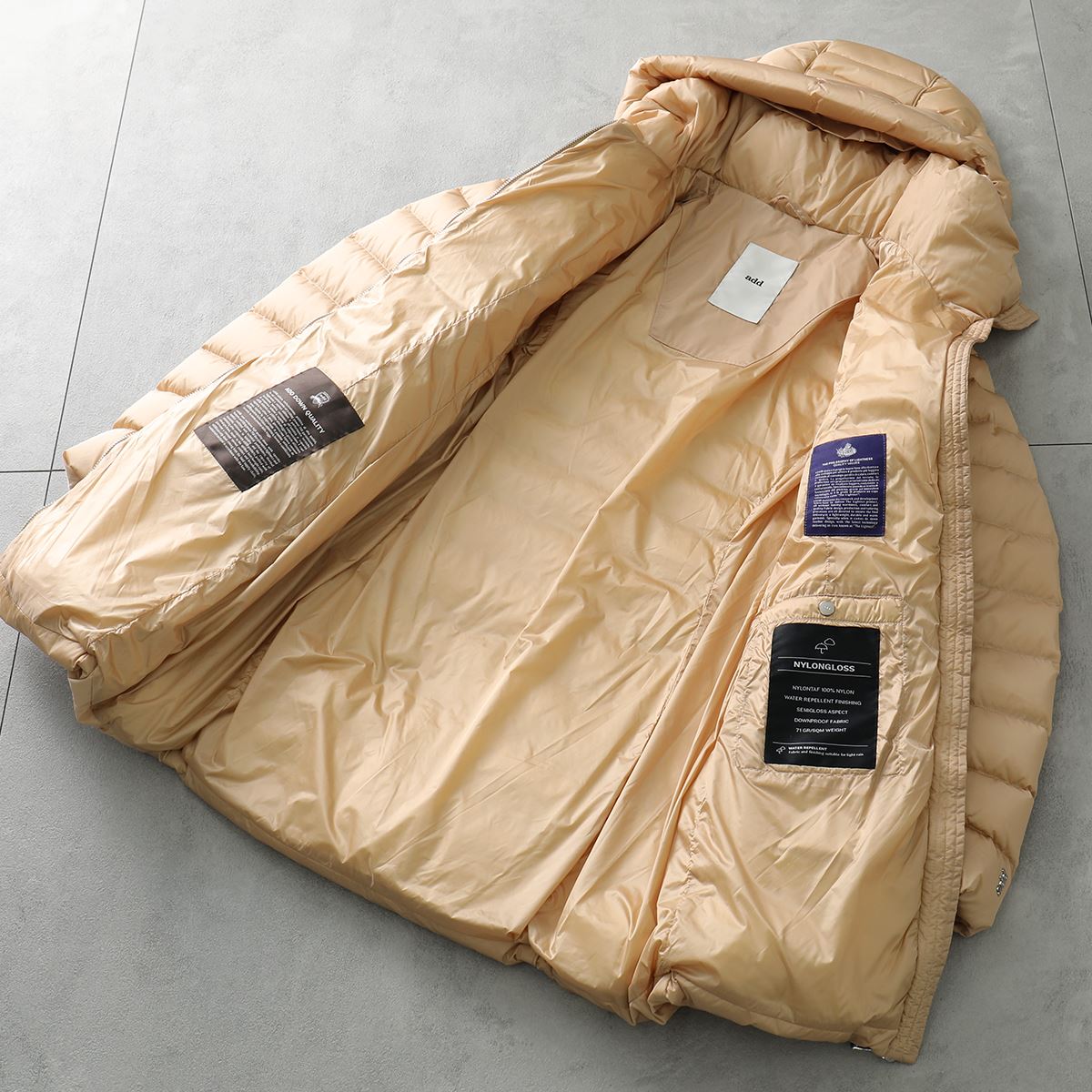 add エーディーディー ダウンコート 6AW002 レディース ナイロン フード付き メタルロゴ スタンドネック ハイネック カラー2色