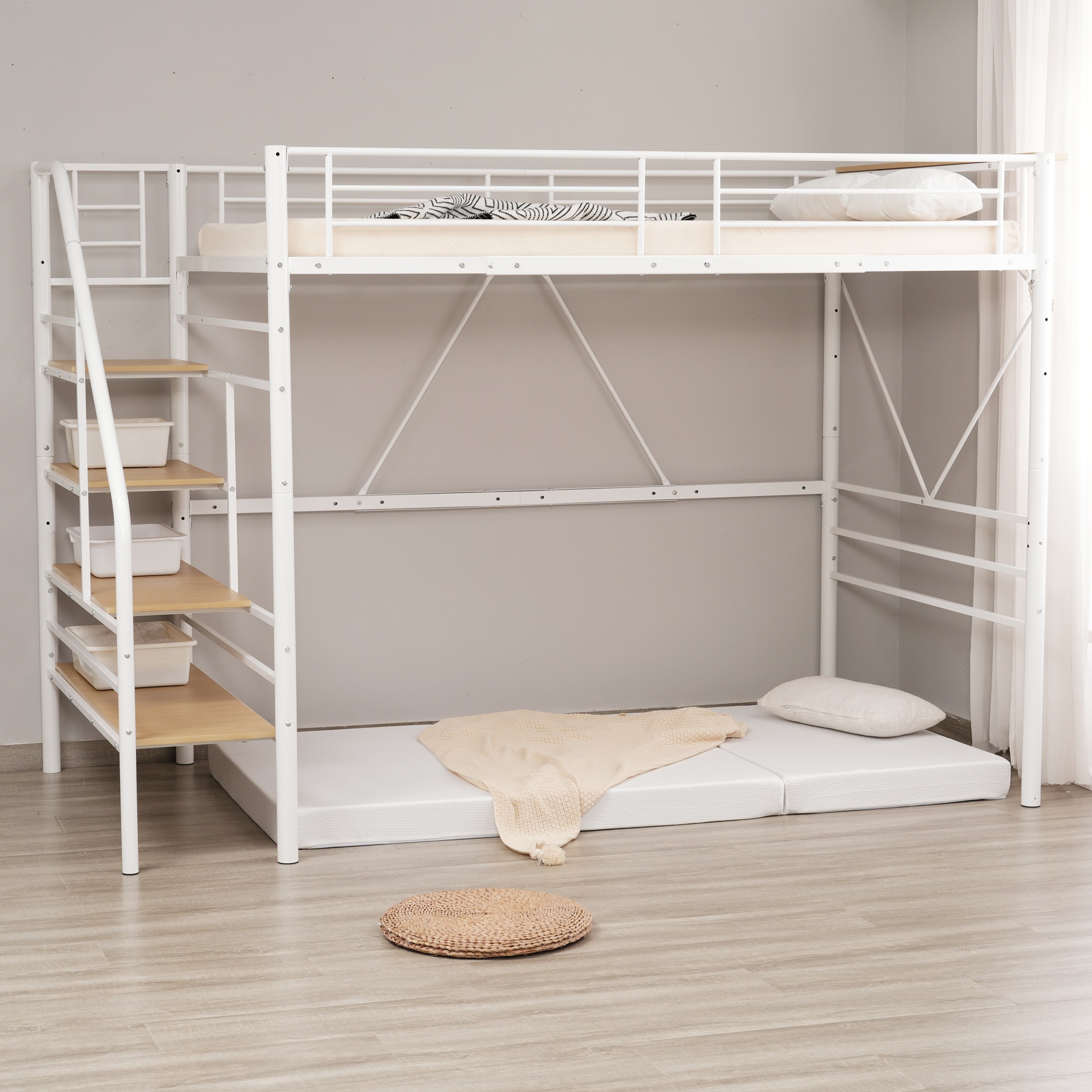 【即日発送】SD ロフトベッド 階段付き パイプベッドセミダブル コンセント付き 収納 スチール 耐震 ベッド シングル パイプベッド パイプベッドフレームのみ【SDセミダブル】