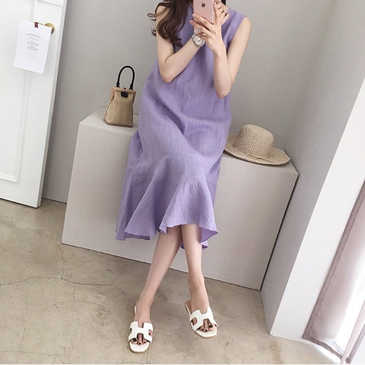 シンプルデザイン ワンピース 無地 ノースリーブ ミモレ丈 ひざ下 ラウンドネック フレア ゆったり さわやか かわいい 大人可愛い きれいめ シンプル カジュアル 大人 上品 おしゃれ lone00