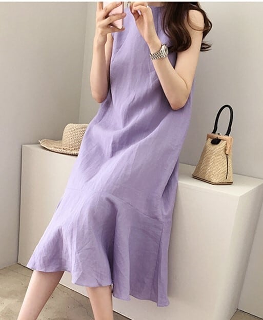 シンプルデザイン ワンピース 無地 ノースリーブ ミモレ丈 ひざ下 ラウンドネック フレア ゆったり さわやか かわいい 大人可愛い きれいめ シンプル カジュアル 大人 上品 おしゃれ lone00