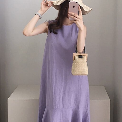 シンプルデザイン ワンピース 無地 ノースリーブ ミモレ丈 ひざ下 ラウンドネック フレア ゆったり さわやか かわいい 大人可愛い きれいめ シンプル カジュアル 大人 上品 おしゃれ lone00